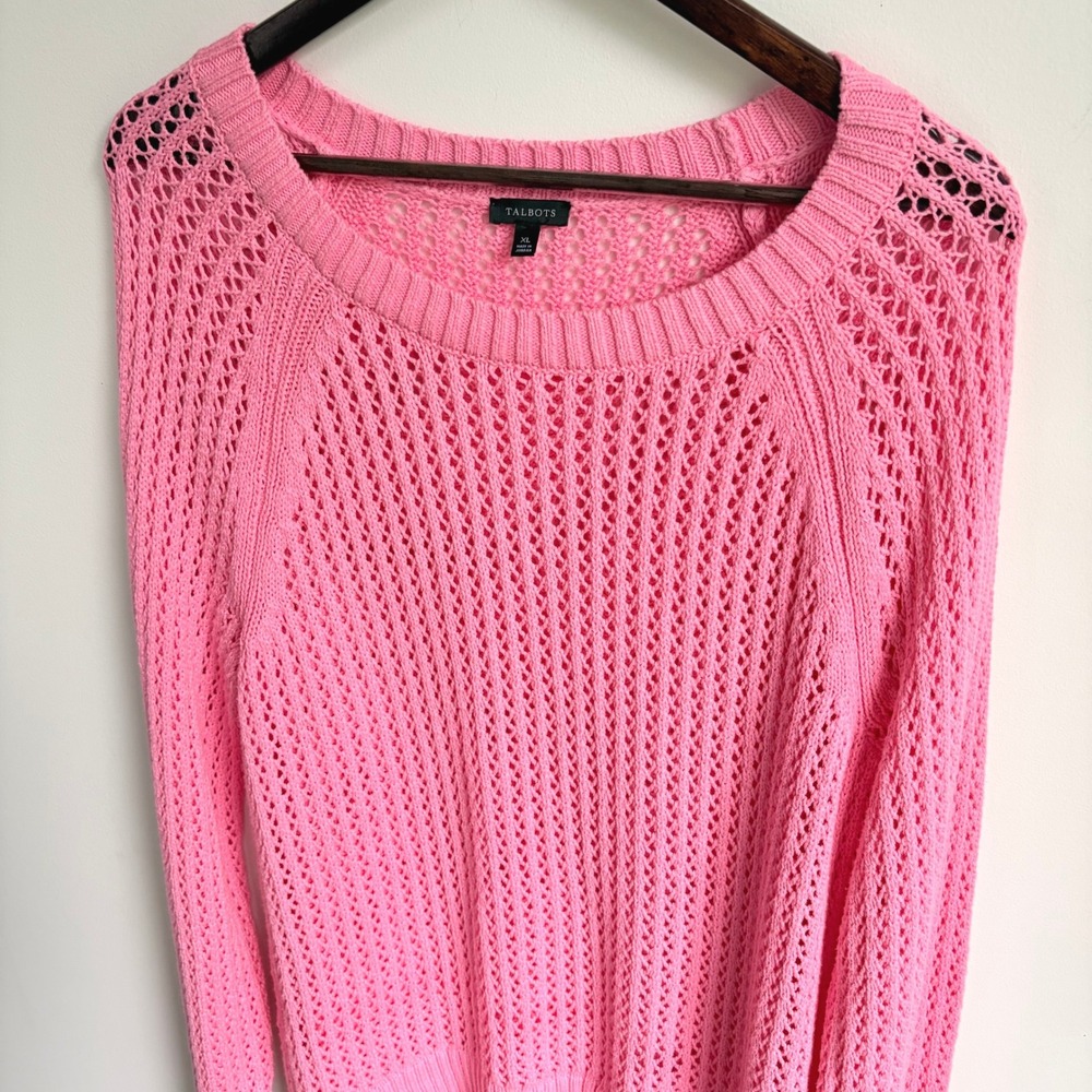 Talbots Open Knit Sweater XL Barbiecore Pink Cotton Pointelle Pullover Raglan - Picture 2 of 6